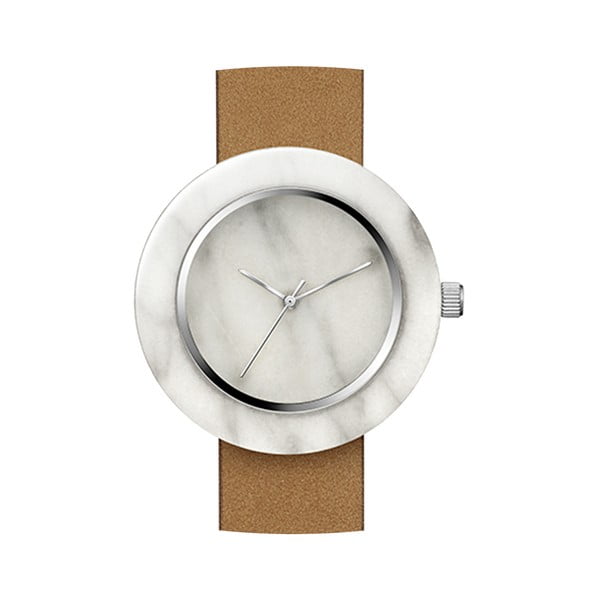 Biały marmurkowy zegarek z brązowym paskiem Analog Watch Co. Marble