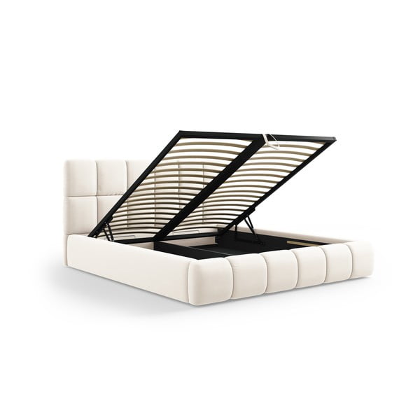 Kremowe aksamitne tapicerowane łóżko dwuosobowe ze schowkiem i stelażem 200x200 cm Bellis – Micadoni -image-2
