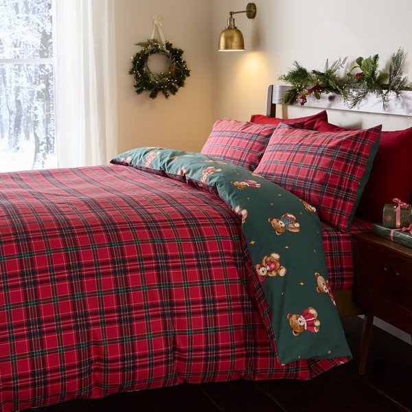 Czerwona/ciemnozielona pościel jednoosobowa 150x120 cm Christmas Tartan Teddy Bear – Catherine Lansfield-image-1