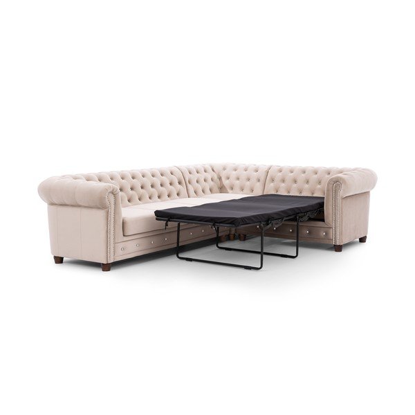 Beżowy aksamitny rozkładany narożnik (prawostronny/w kształcie litery L) York Blik – Ropez-image-2