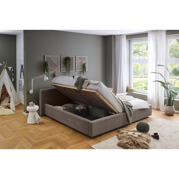 Szarobrązowe tapicerowane łóżko dwuosobowe ze schowkiem ze stelażem 200x240 cm Cube – Meise Möbel-image-1
