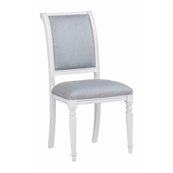 Białe krzesło bukowe do jadalni z niebiesko-szarą tapicerką Rowico Mozart