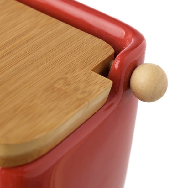 Czerwony pojemnik kamionkowy na sól z bambusowym wieczkiem Casa Selección 250 ml-image-2