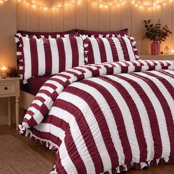 Ciemnofioletowa pościel dwuosobowa 220x230 cm Seersucker Frill Stripe – Catherine Lansfield-image-1