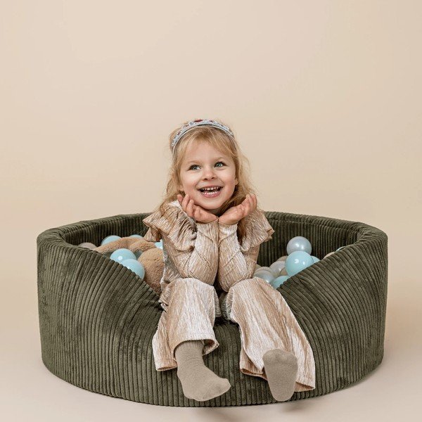 Sztruksowy basen z kulkami w kolorze khaki 90x90x30 cm Montessori – Meowbaby-image-1
