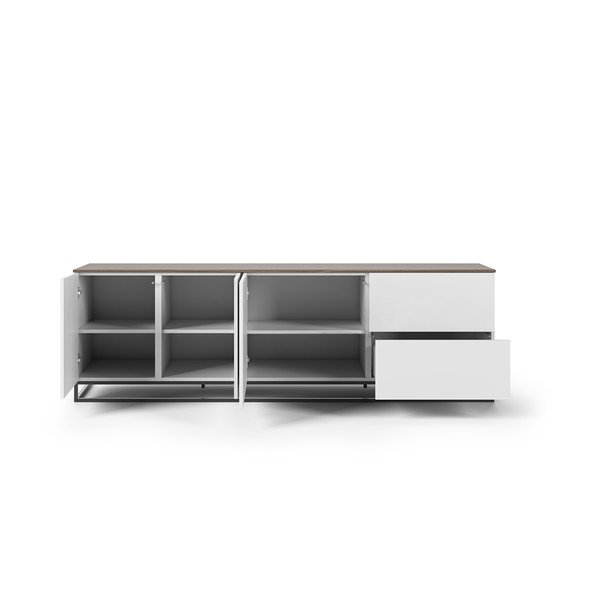 Matowa biała szafka pod TV z blatem z dekorem drewna orzecha TemaHome Join, 200x65 cm-image-1