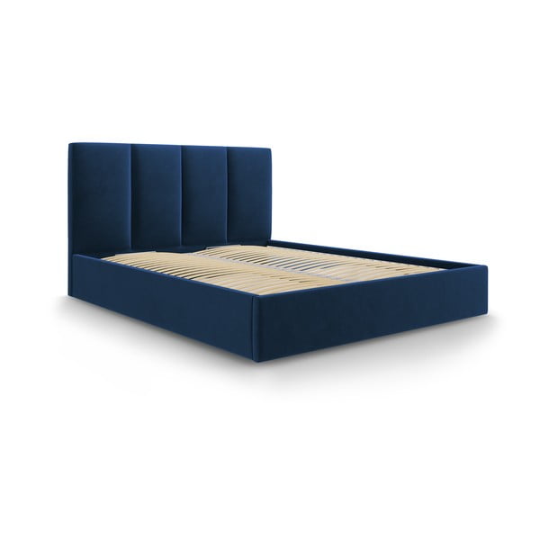 Ciemnoniebieske tapicerowane łóżko dwuosobowe ze schowkiem ze stelażem 140x200 cm Juniper – Mazzini Beds