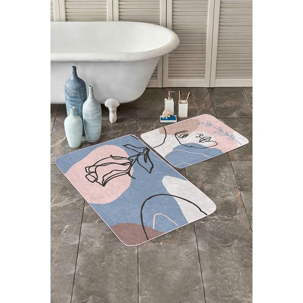 Niebiesko-różowe aksamitne dywaniki łazienkowe zestaw 2 szt. 60x100 cm Abstract Faces – Mila Home-image-2