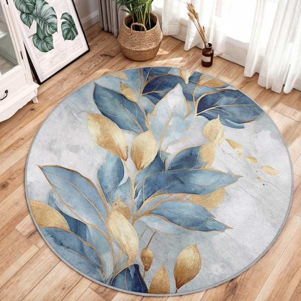 Okrągły dywan w niebiesko-złotym kolorze odpowiedni do prania ø 80 cm Golden Leaves – Mila Home-image-2