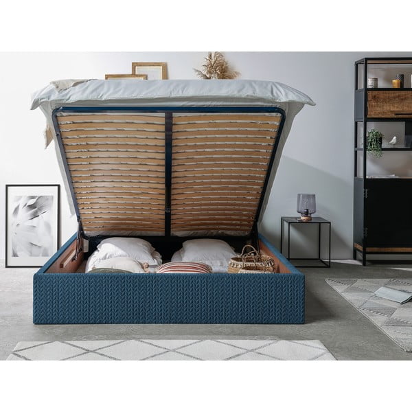 Niebieske tapicerowane łóżko dwuosobowe ze schowkiem ze stelażem 160x200 cm Adele – Bobochic Paris-image-3