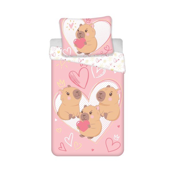 Różowa bawełniana pościel dziecięca jednoosobowa 140x200 cm Kapybara Heart – Jerry Fabrics