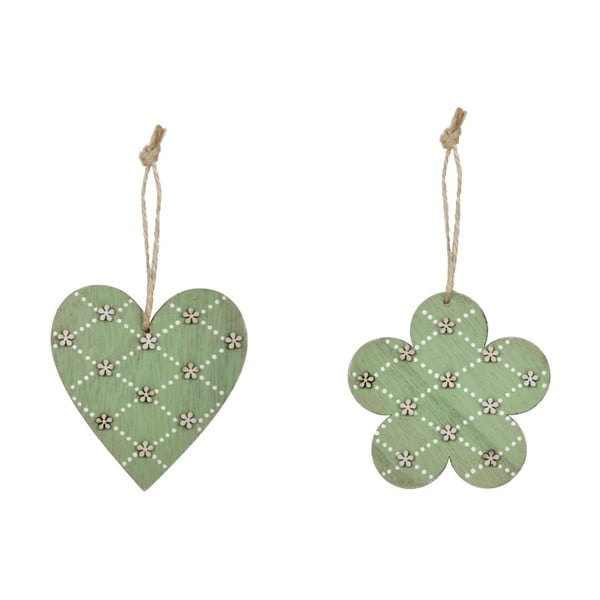 Zestaw 2 zielonych drewnianych dekoracji wiszących z motywem serca a kwiatka Ego Dekor, 9,5x9,5 cm