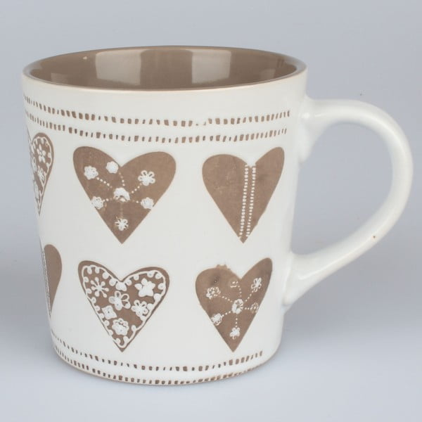 Beżowo-biały ręcznie zdobiony kubek ceramiczny Dakls Heart II, 473 ml