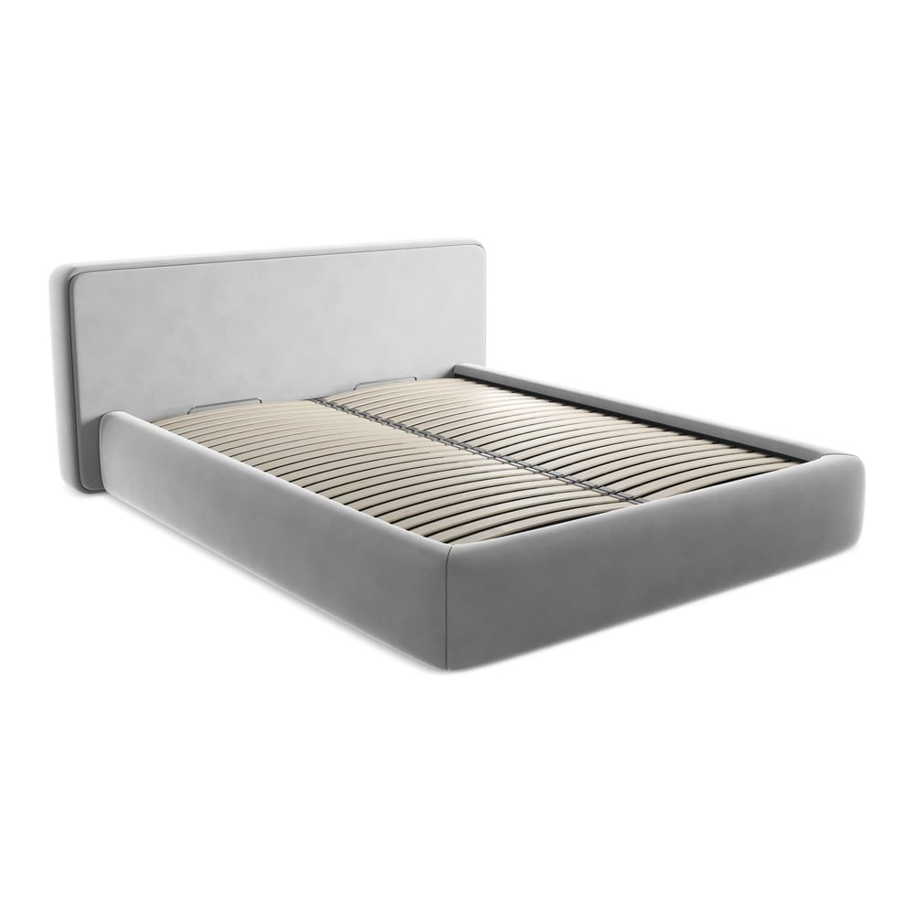 Szare tapicerowane łóżko dwuosobowe ze schowkiem i stelażem 160x200 cm Kiana – Makamii