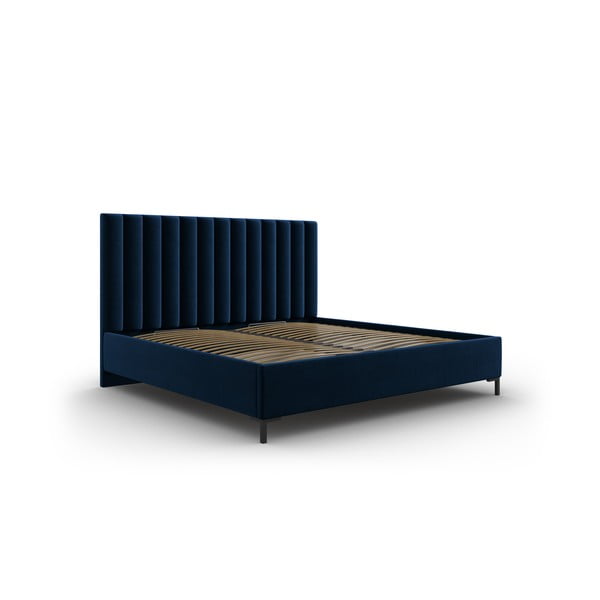 Ciemnoniebieskie tapicerowane łóżko dwuosobowe ze schowkiem i stelażem 180x200 cm Casey – Mazzini Beds