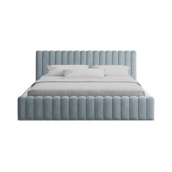 Jasnoniebieskie tapicerowane łóżko dwuosobowe ze schowkiem ze stelażem 160x200 cm Lemi – Makamii-image-4