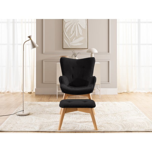 Czarny sztruksowy fotel z podnóżkiem Niko – Ropez-image-1