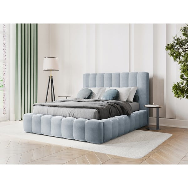 Jasnoniebieskie tapicerowane łóżko dwuosobowe ze schowkiem i stelażem 160x200 cm Kelp – Micadoni Home-image-1