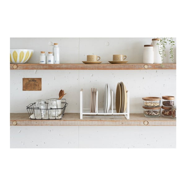 Biały stojak na talerze z detalem z drewna bukowego YAMAZAKI Tosca-image-2