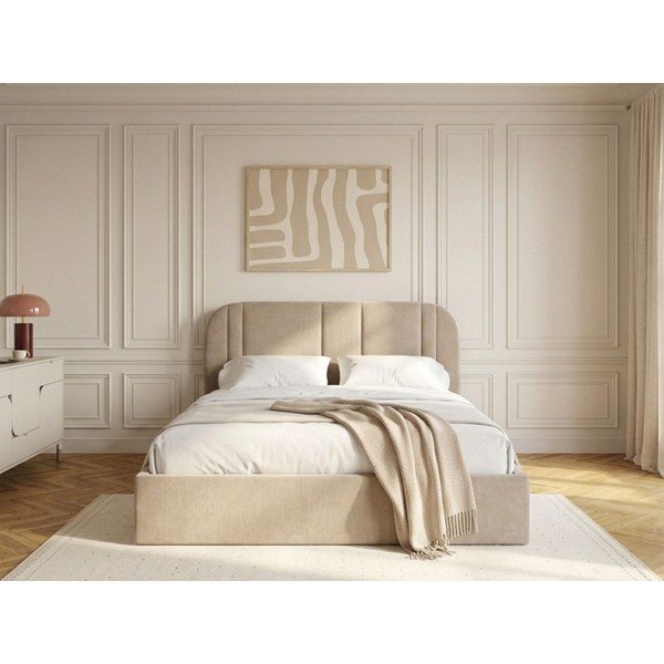 Beżowe tapicerowane łóżko dwuosobowe ze schowkiem ze stelażem 180x200 cm Sidney – Bobochic Paris-image-2