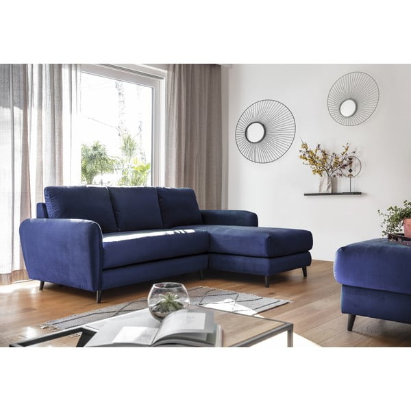 Granatowy aksamitny narożnik z podnóżkiem Miuform Cosy Claire, prawostronny-image-1