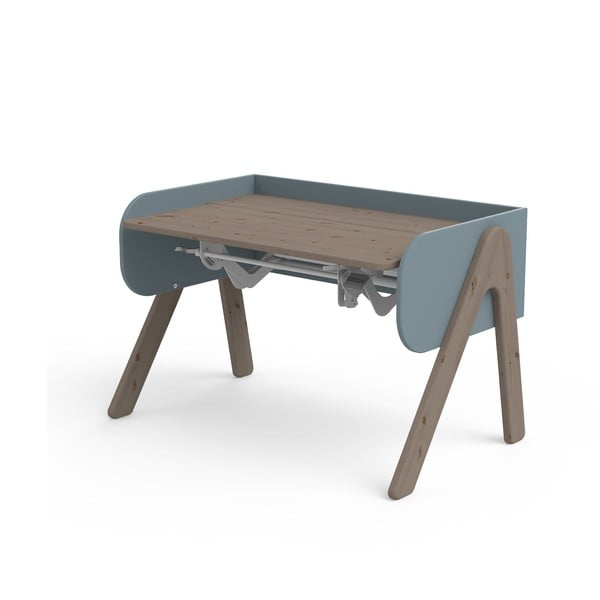 Ciemnobrązowo-niebieskie biurko z drewna sosnowego z regulacją wysokości Flexa Woody