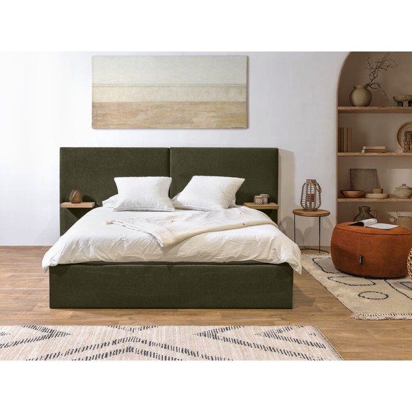 Ciemnozielone tapicerowane łóżko dwuosobowe ze schowkiem i stelażem 160x200 cm Blandine – Bobochic Paris-image-1