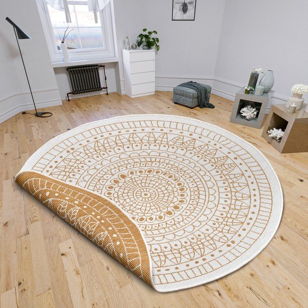 Żółto-biały okrągły dywan odpowiedni na zewnątrz ø 140 cm Porto – NORTHRUGS-image-1