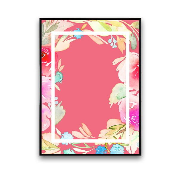 Plakat z kwiatami, różowe tło w ramce, 30 x 40 cm