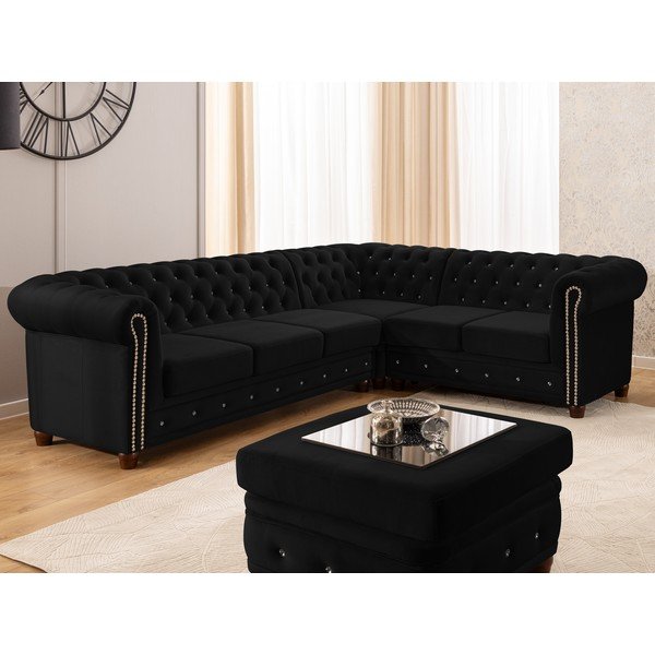 Czarny aksamitny rozkładany narożnik (prawostronny/w kształcie litery L) York Blik – Ropez-image-1