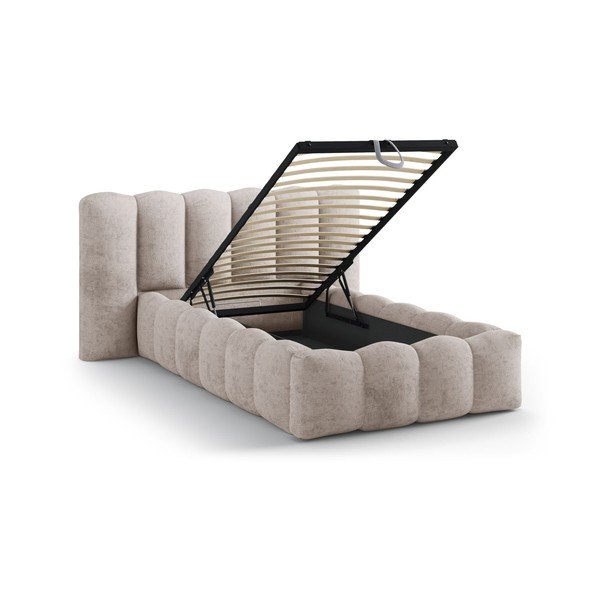 Jasnobrązowe tapicerowane łóżko jednoosobowe ze schowkiem i stelażem 90x200 cm Lupine – Micadoni -image-1