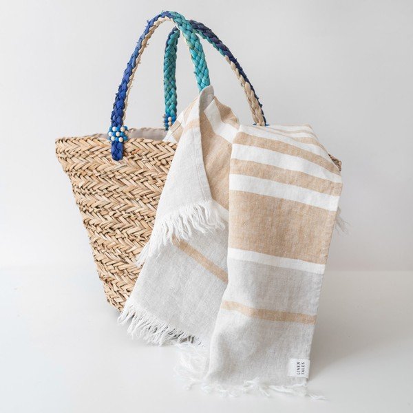 Beżowy lniany ręcznik plażowy 85x140 cm Allure Stripe – Linen Tales-image-1