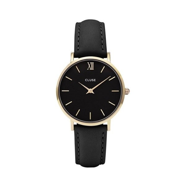 Czarny zegarek damski ze skórzanym paskiem i detalami w kolorze złota Cluse Minuit