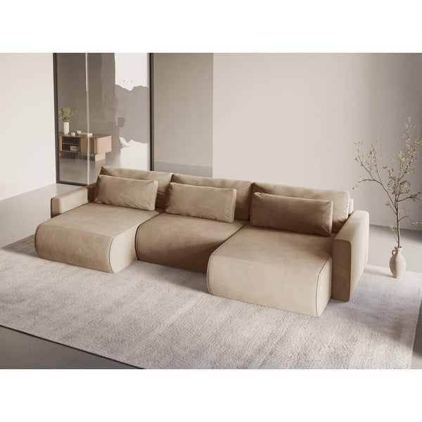 Jasnobrązowy aksamitny rozkładany narożnik ze schowkiem (w kształcie litery U) Belfast – Cosmopolitan Design-image-1