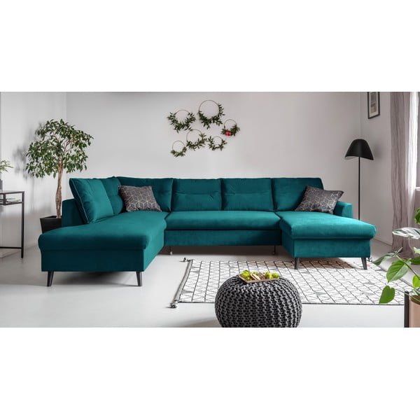 Turkusowa aksamitna rozkładana sofa w kształcie litery "U" Miuform Stylish Stan, lewostronna-image-1