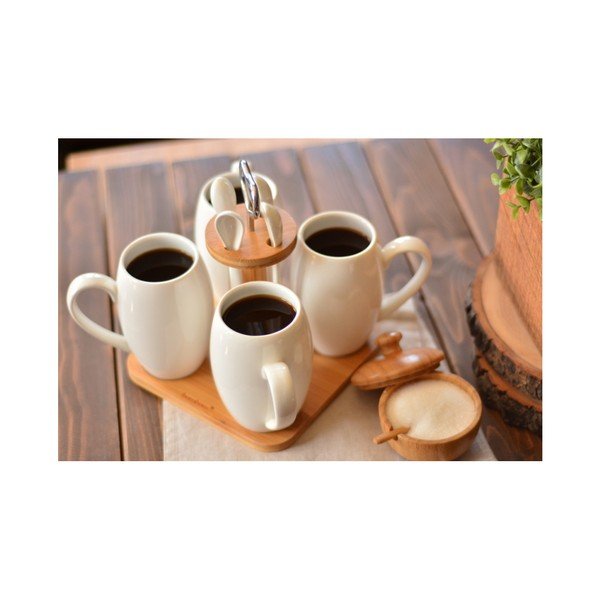 Zestaw kubków, łyżeczek z porcelany i stojaka z bambusu Suedo-image-1