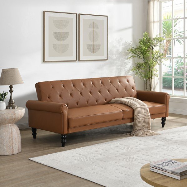 Koniakowa częściowo rozkładana/rozkładana sofa z imitacji skóry 222 cm Tyne – Støraa-image-1