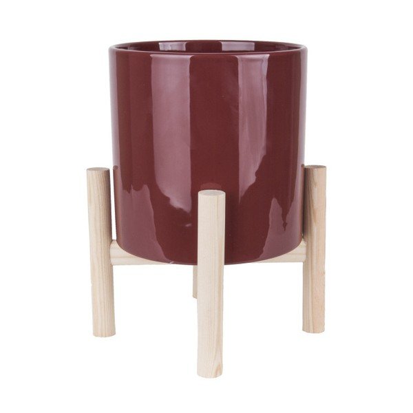 Czerwona doniczka ceramiczna na podstawce z drewna sosnowego PT LIVING Trestle