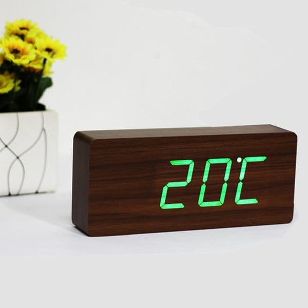 Orzechowy budzik z zielonym wyświetlaczem LED Gingko Slab Click Clock-image-1