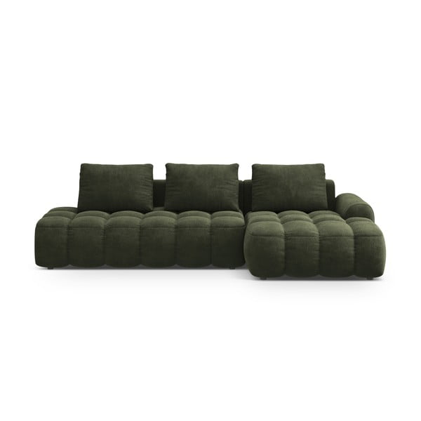 Zielony aksamitny rozkładany/ze schowkiem narożnik (prawostronny/z szezlongiem) Linz – Cosmopolitan Design