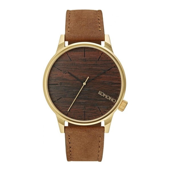 Brązowy zegarek męski ze skórzanym paskiem i cyferblatem z dekorem drewna Komono