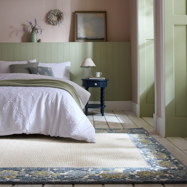 Niebiesko-kremowy dywan z mieszanki wełny tkany ręcznie 120x170 cm Myla Floral Frame – Flair Rugs-image-1