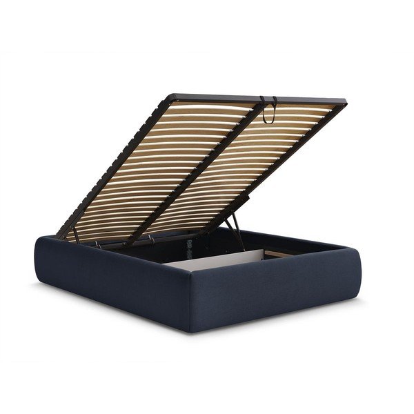 Ciemnoniebieskie tapicerowane łóżko dwuosobowe bez zagłówka ze schowkiem i stelażem 160x200 cm Inera – Bobochic Paris-image-3