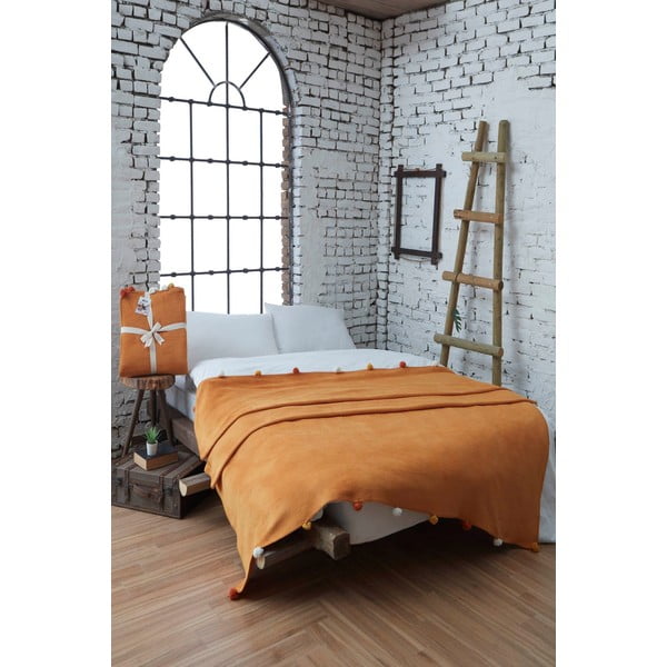 Musztardowa polarowa narzuta 200x220 cm Pom Pom – Mijolnir