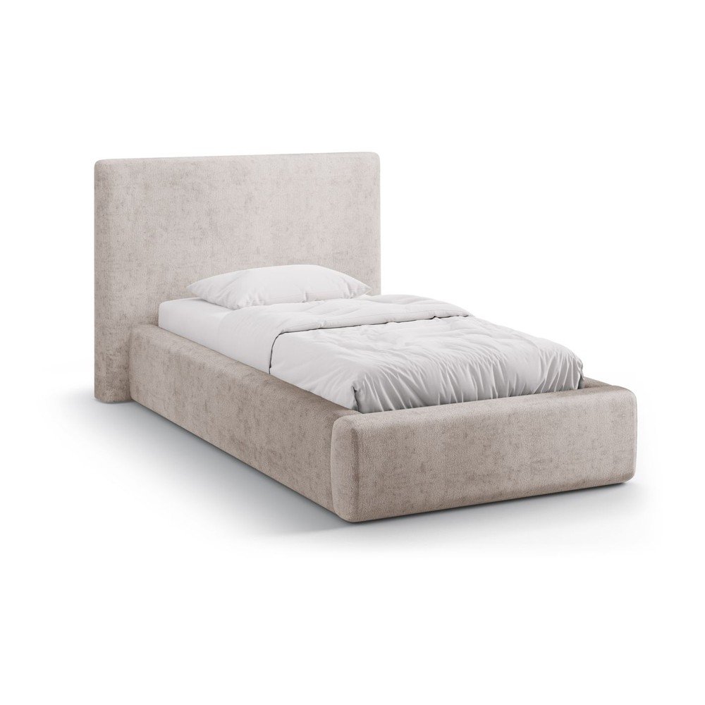 Beżowe tapicerowane łóżko jednoosobowe ze schowkiem i stelażem 90x200 cm Amy – Micadoni