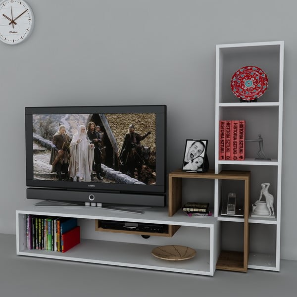 Stolik telewizyjny z regałem Stab White/Walnut, 39x143,6x123,4 cm
