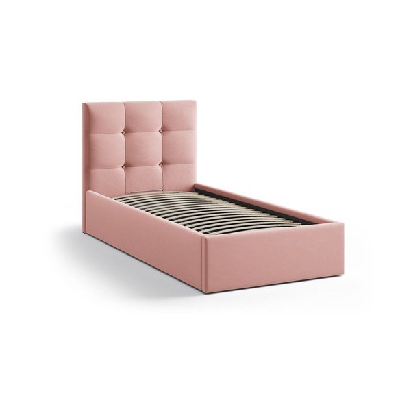 Różowe tapicerowane łóżko jednoosobowe ze schowkiem i stelażem 90x200 cm Phaedra – Micadoni -image-2