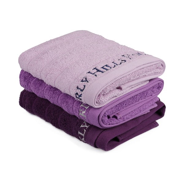 Zestaw 3 fioletowych ręczników bawełnianych na ruce, 90x50 cm