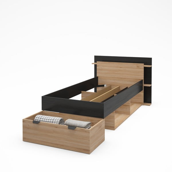Czarno-naturalne łóżko jednoosobowe w dekorze dębu ze schowkiem bez stelaża 90x200 cm Albo – Marckeric-image-4