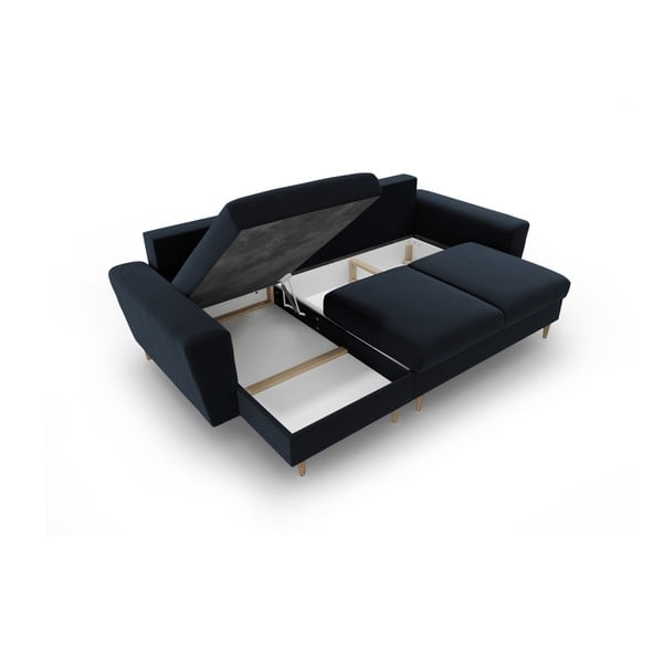 Ciemnoniebieski aksamitny rozkładany narożnik ze schowkiem Kyoto – Cosmopolitan Design-image-3